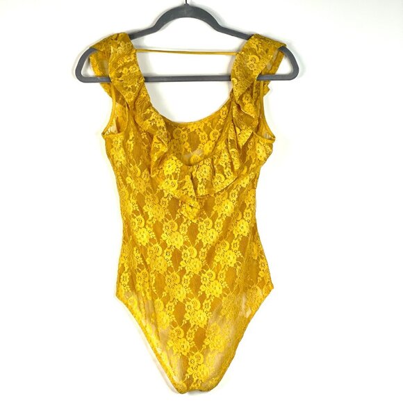 Bleuh Ciel Lace Bodysuit Yellow Sz M Floral Pattern Ruffle Neckline/Arm Openings - Picture 2 of 10